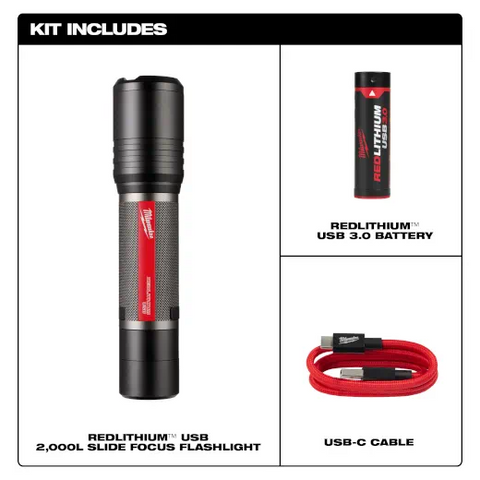 Milwaukee 2162-21 RedLithium USB Flashlight Kit 200 Lumen Slide Focus - Ace Tool Group - Milwaukee
