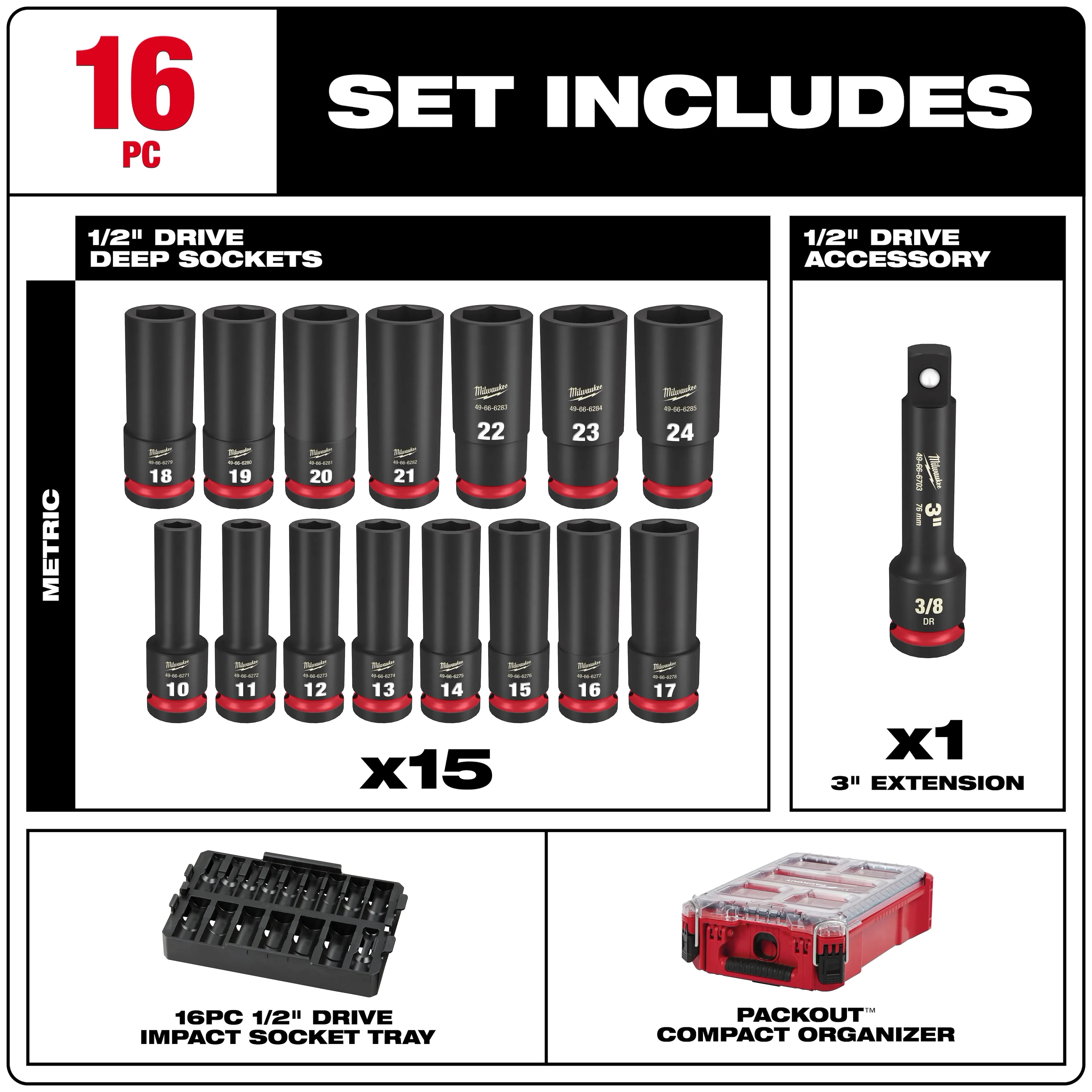 Milwaukee 49-66-6803 SHOCKWAVE Impact Duty Socket 1/2" Dr 16PC MM PACKOUT  Set - Ace Tool Group - Milwaukee