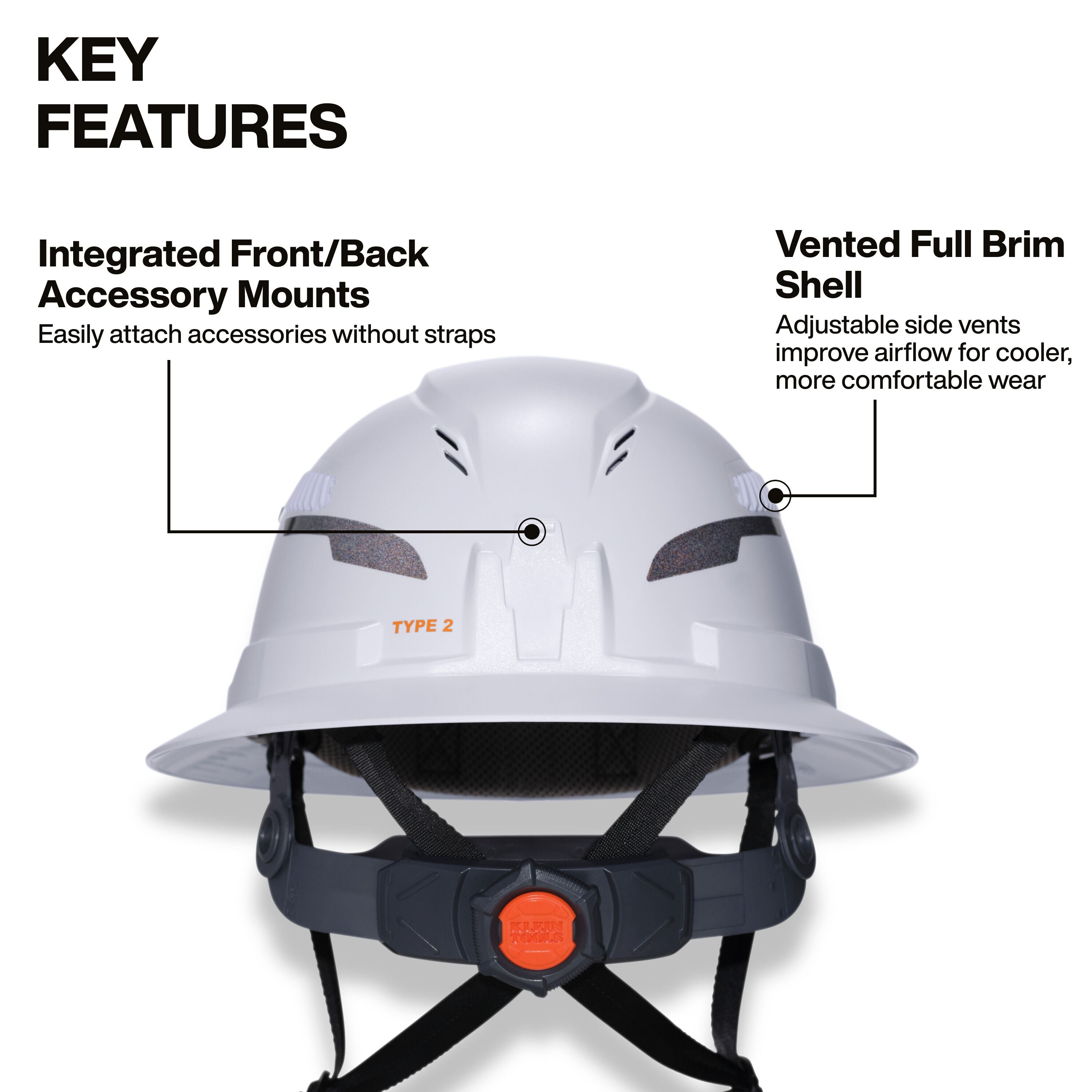 Klein 60871T2 Class C Type-2 Hard Hat, Vented Full Brim with Strap, Blue - Ace Tool Group - Klein