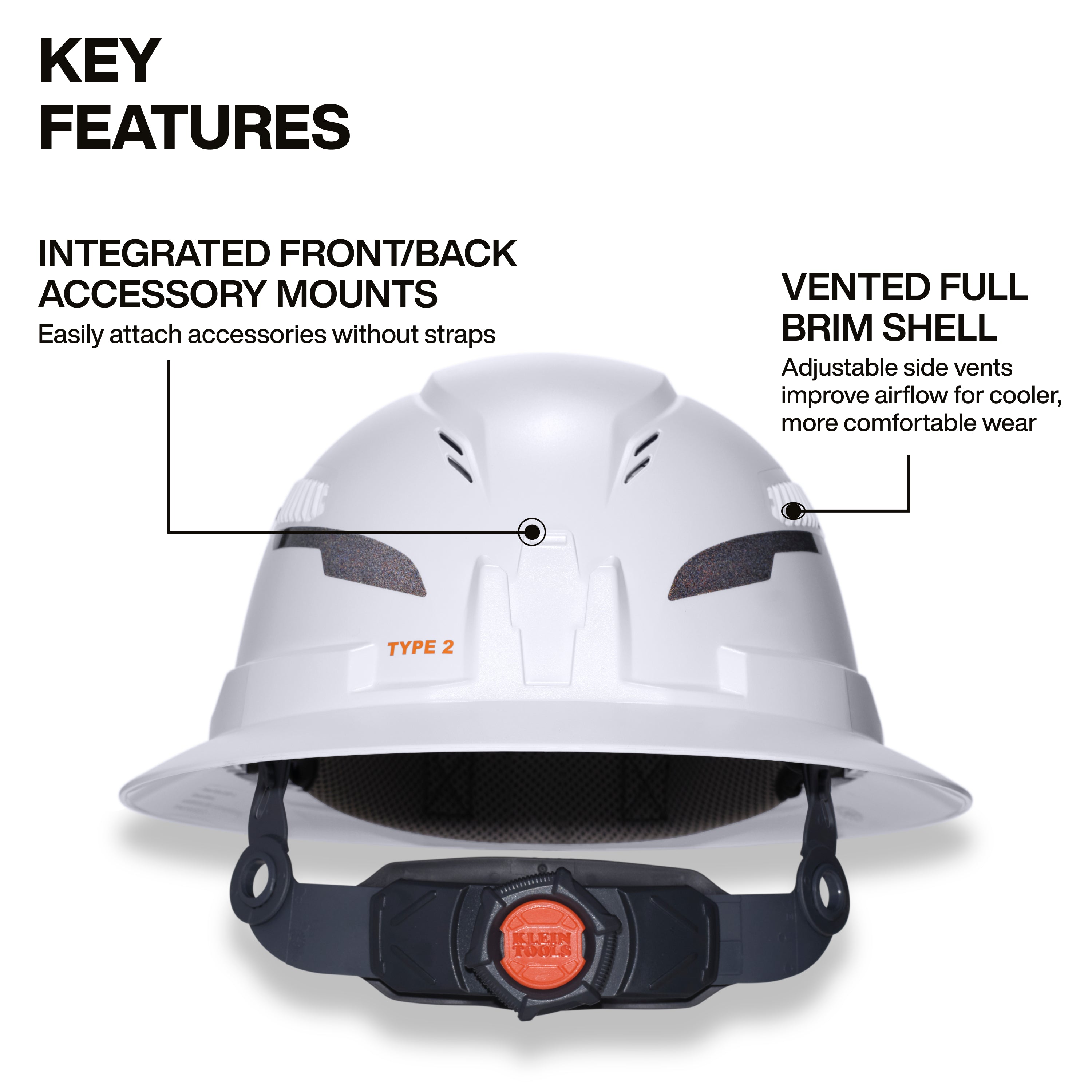 Klein 60407T2RL Type-2 Hard Hat, Vented Full Brim with Rechargeable Headlamp, White - Ace Tool Group - Ace Tool Group