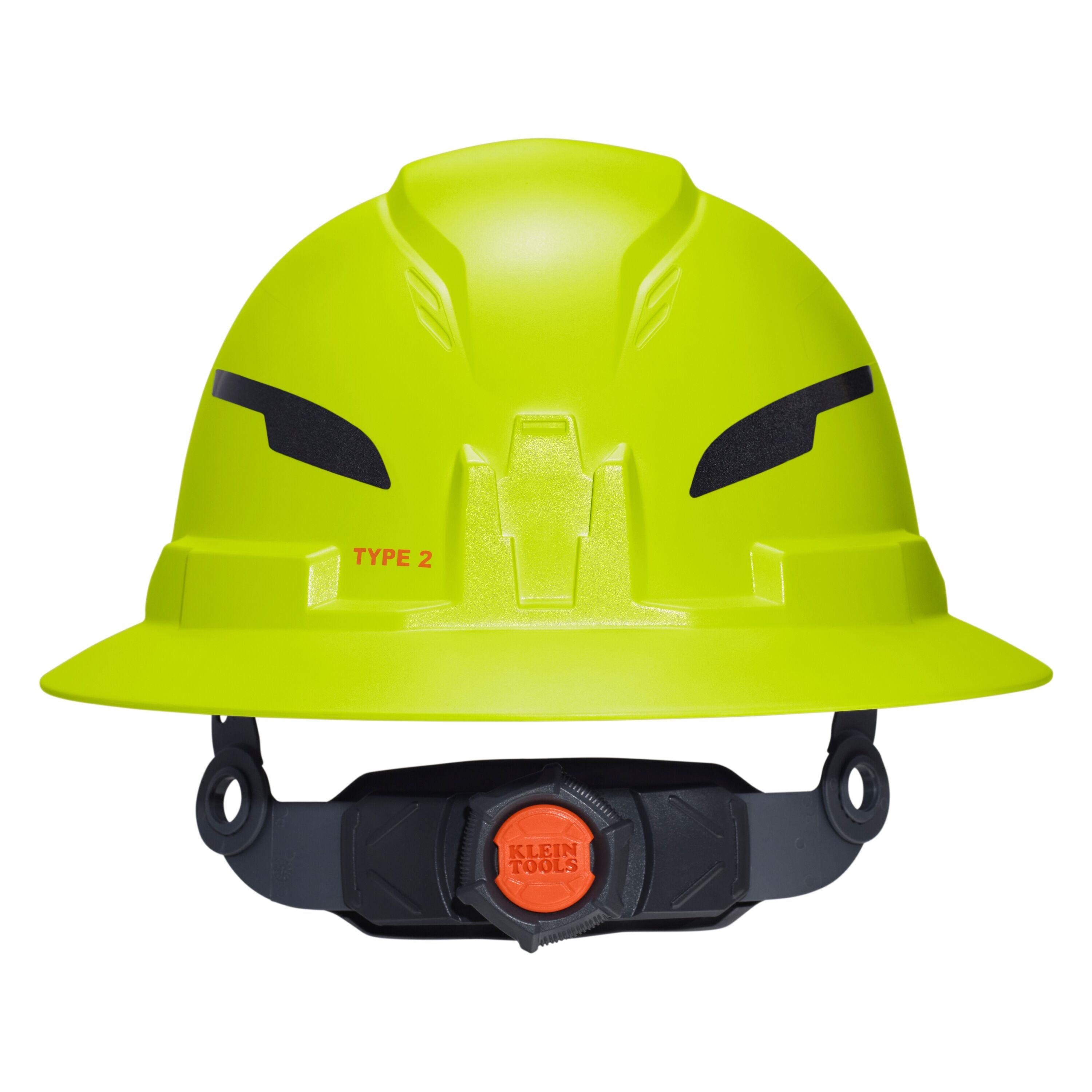Klein 60910T2 Class E Type-2 Hard Hat, Non-Vented Full Brim Style with Strap, High Visibility Lime - Ace Tool Group - Klein