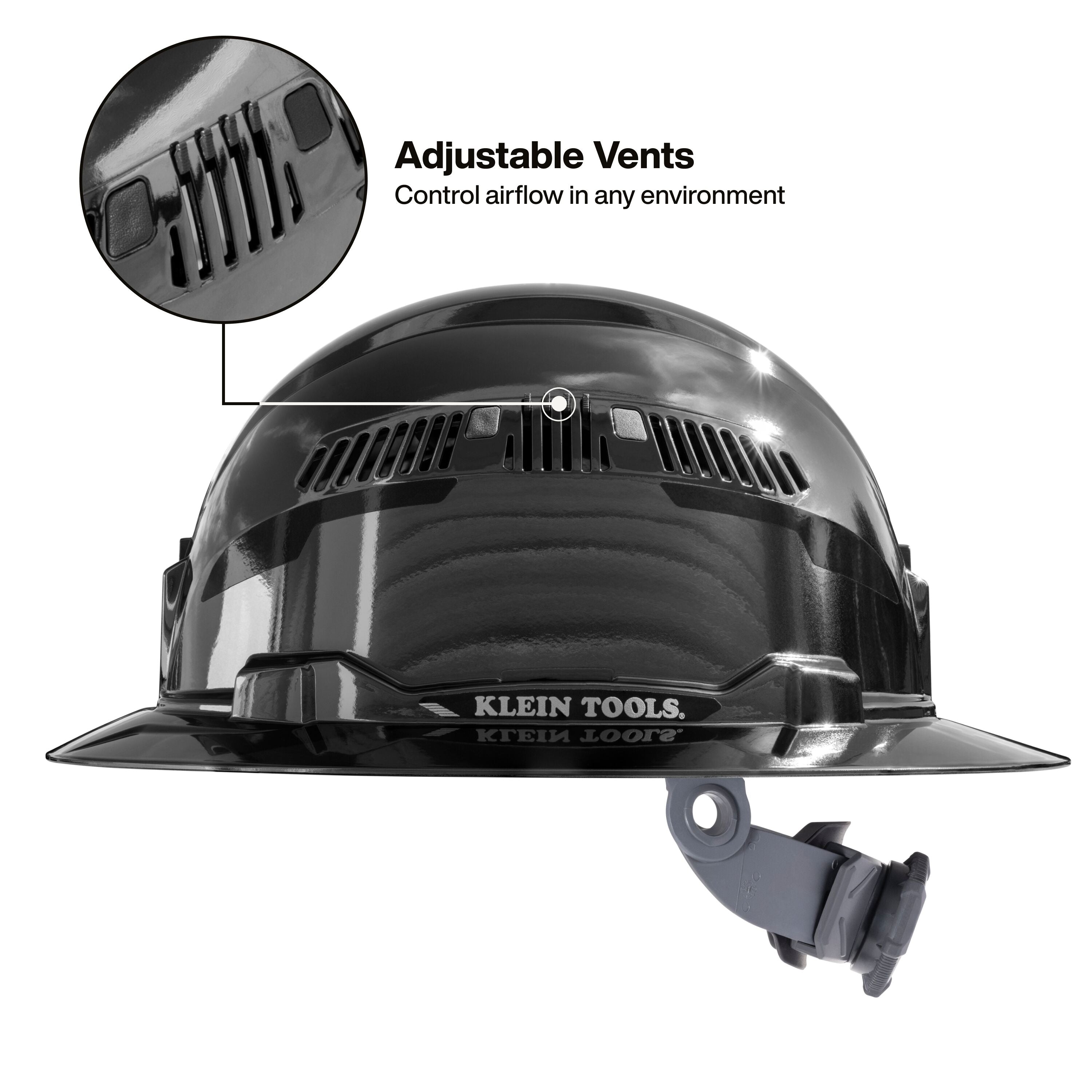 Klein 60996 Hard Hat, REFLEKTOR™ Black Chrome, Vented Full Brim, Class C, Headlamp