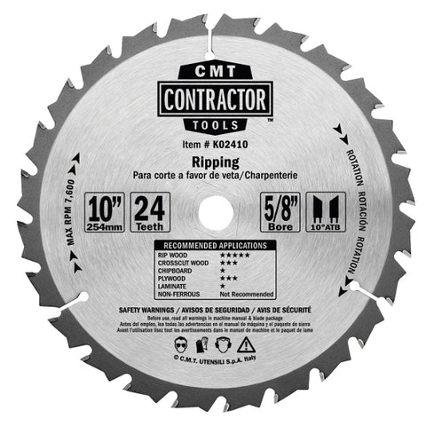 CMT K02412 ITK Contractor Ripping Saw Blade, 12 x 24 Teeth, 10ï¿½ ATB with 1-Inch bore - Ace Tool Group - CMT