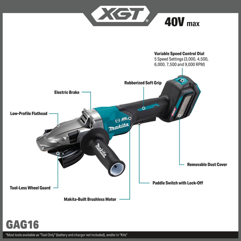 Makita GAG16Z 40V max XGT Brushless Cordless 5" Paddle Switch Flathead Grinder, Variable Speed, with Electric Brake, Tool Only