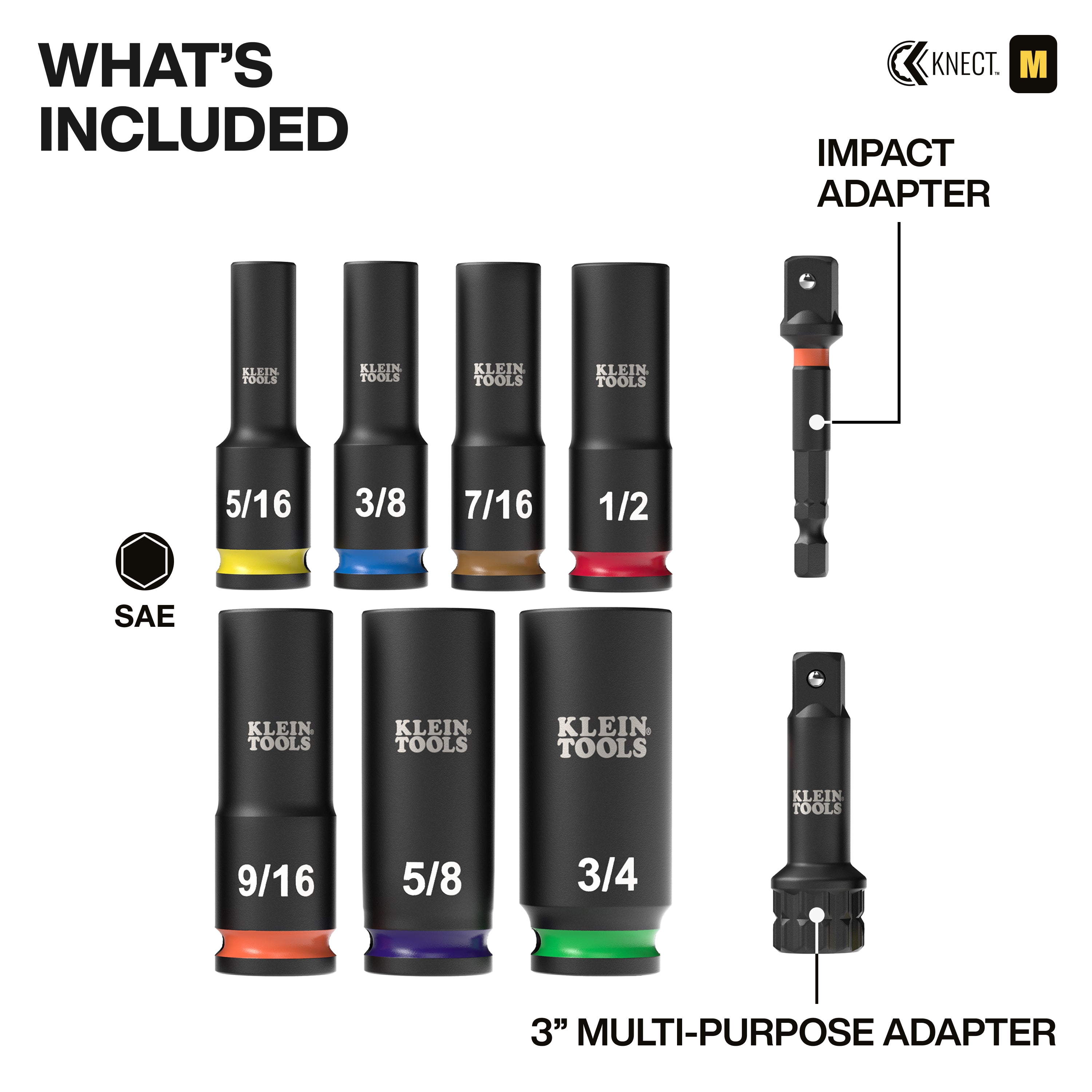 Klein 65109IMPCT KNECT™ Deep-Well 3/8-Inch Drive Impact Socket Set, SAE, 9-Piece - Ace Tool Group - Ace Tool Group