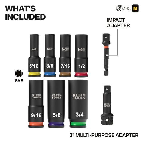 Klein 65109IMPCT KNECT™ Deep-Well 3/8-Inch Drive Impact Socket Set, SAE, 9-Piece - Ace Tool Group - Ace Tool Group