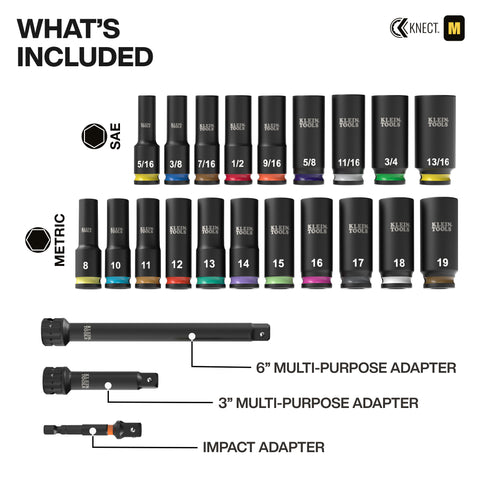 Klein 65121IMPCT KNECT™ Deep-Well 3/8-Inch Drive Socket Set, SAE and Metric, 23-Piece - Ace Tool Group - Ace Tool Group