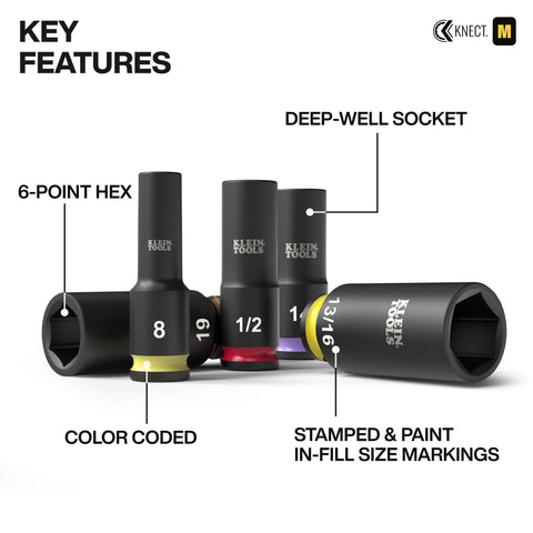 Klein 65121IMPCT KNECT™ Deep-Well 3/8-Inch Drive Socket Set, SAE and Metric, 23-Piece - Ace Tool Group - Ace Tool Group