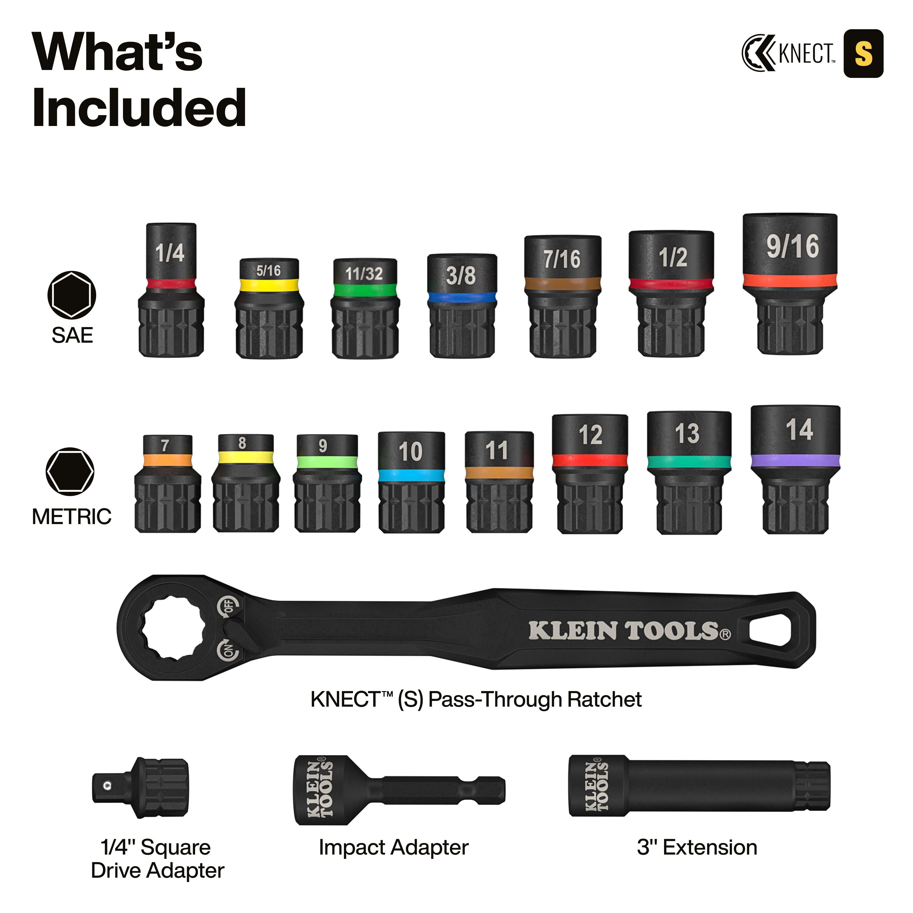 Klein KNECT™ Pass-Through and Impact Socket Set, SAE and Metric, 33-Piece - Ace Tool Group - KLEIN