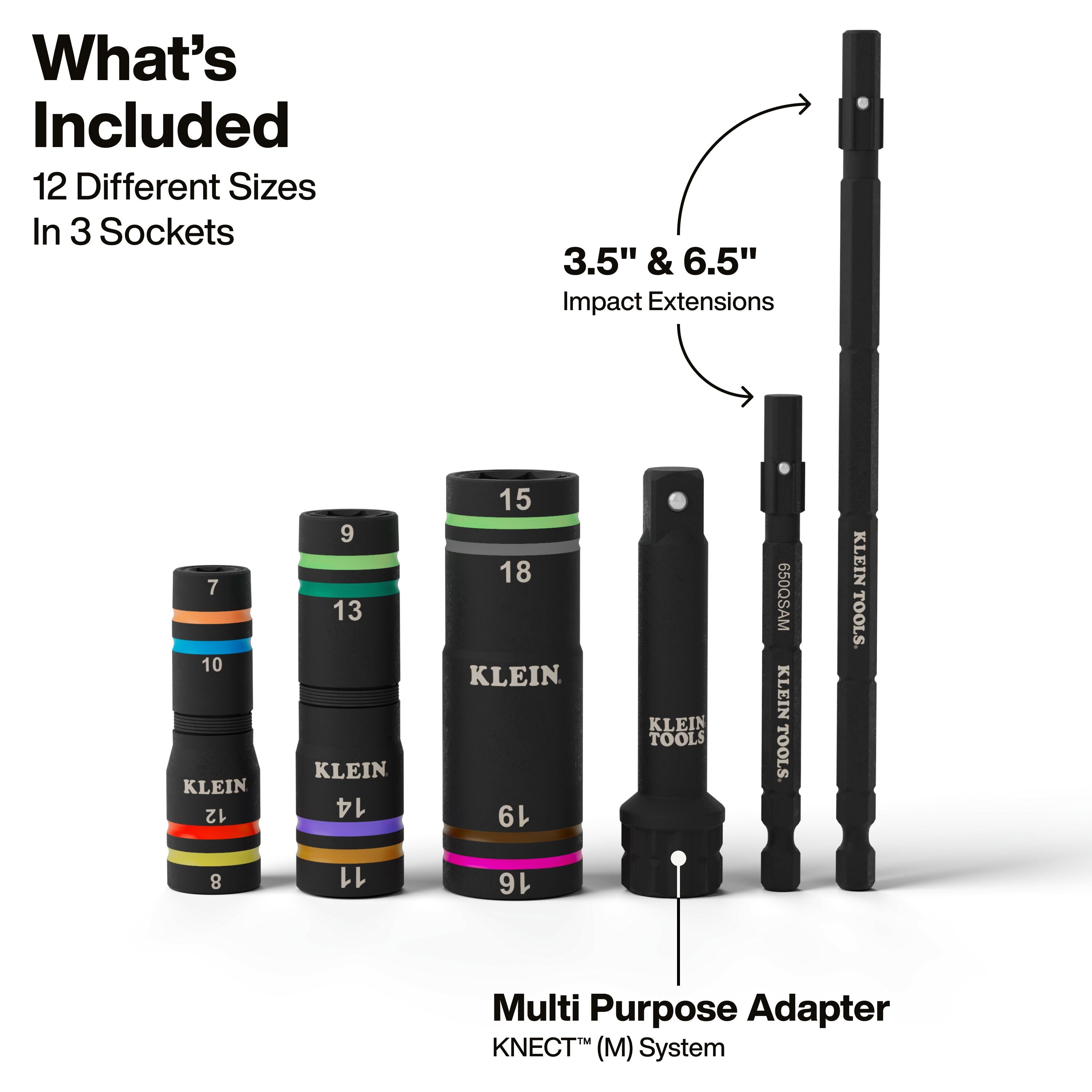 Klein KLE-653MQS KNECT™ Quad-12 Heavy-Duty Impact Flip Sockets, SAE and Metric, 6-Piece - Ace Tool Group - Klein Tools