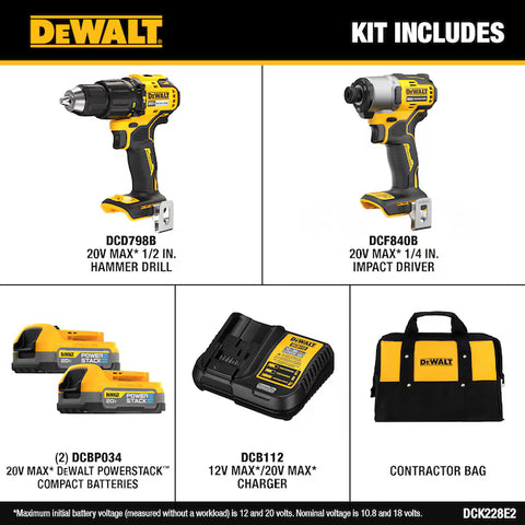 DeWalt DCK228E2 20V 2 Tool Combo Kit, PowerStack - Ace Tool Group - DeWalt