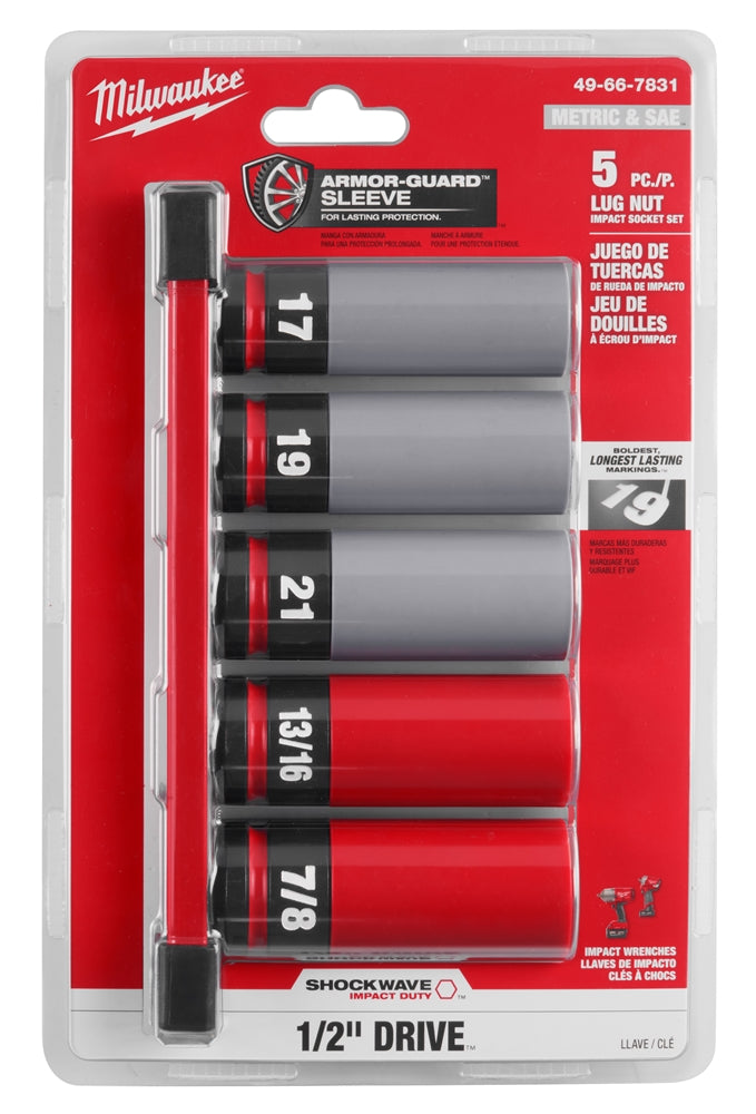Milwaukee 49-66-7831 SHOCKWAVE Impact Duty 1/2 Drive SAE & Metric 5PC Lug Nut Wheel Socket Set - Ace Tool Group - Milwaukee