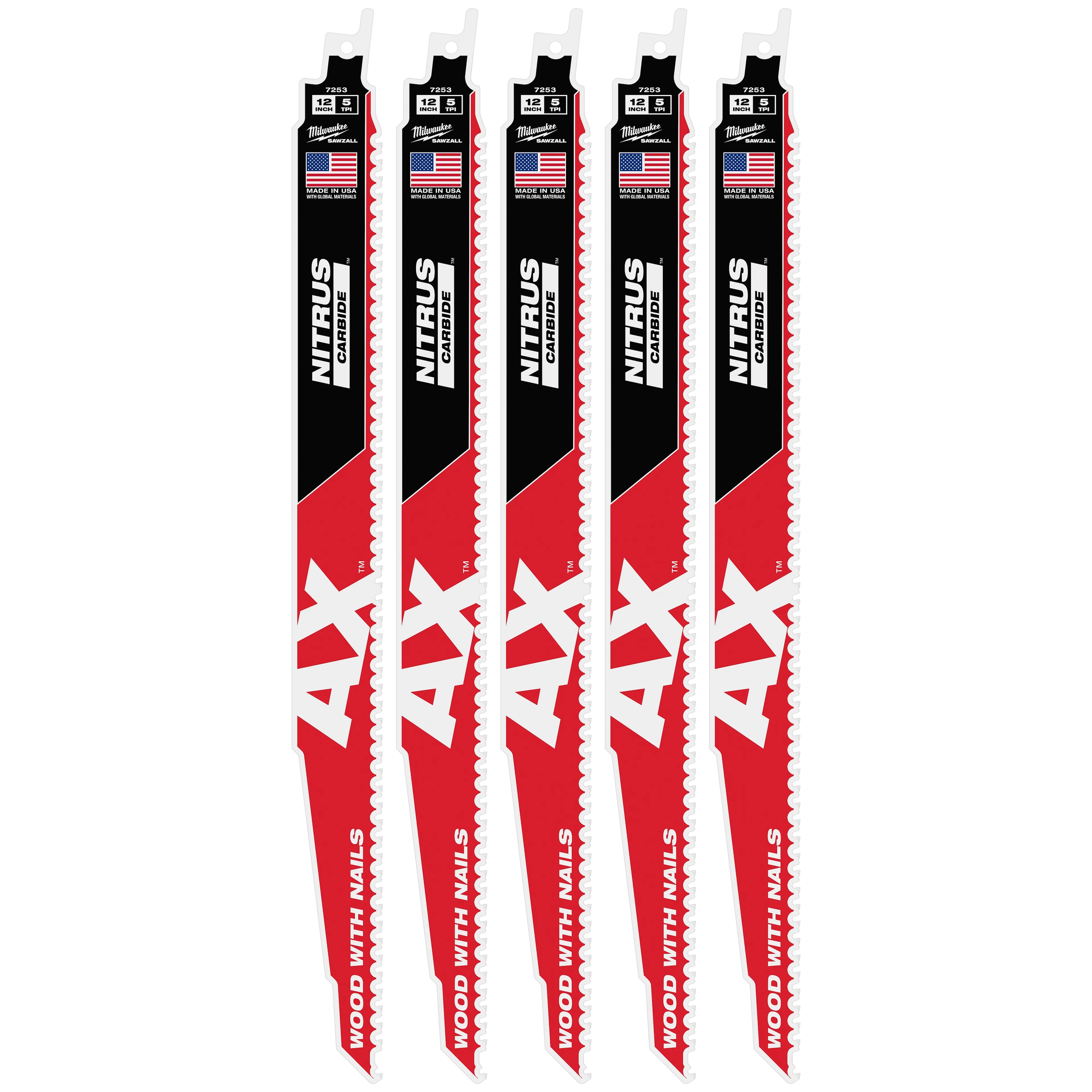 Milwaukee 48-00-7553 12" 5 TPI AX™ w/NITRUS™ Carbide Teeth SAWZALL® Blade for Wood with Nails 5PK - Ace Tool Group - Milwaukee