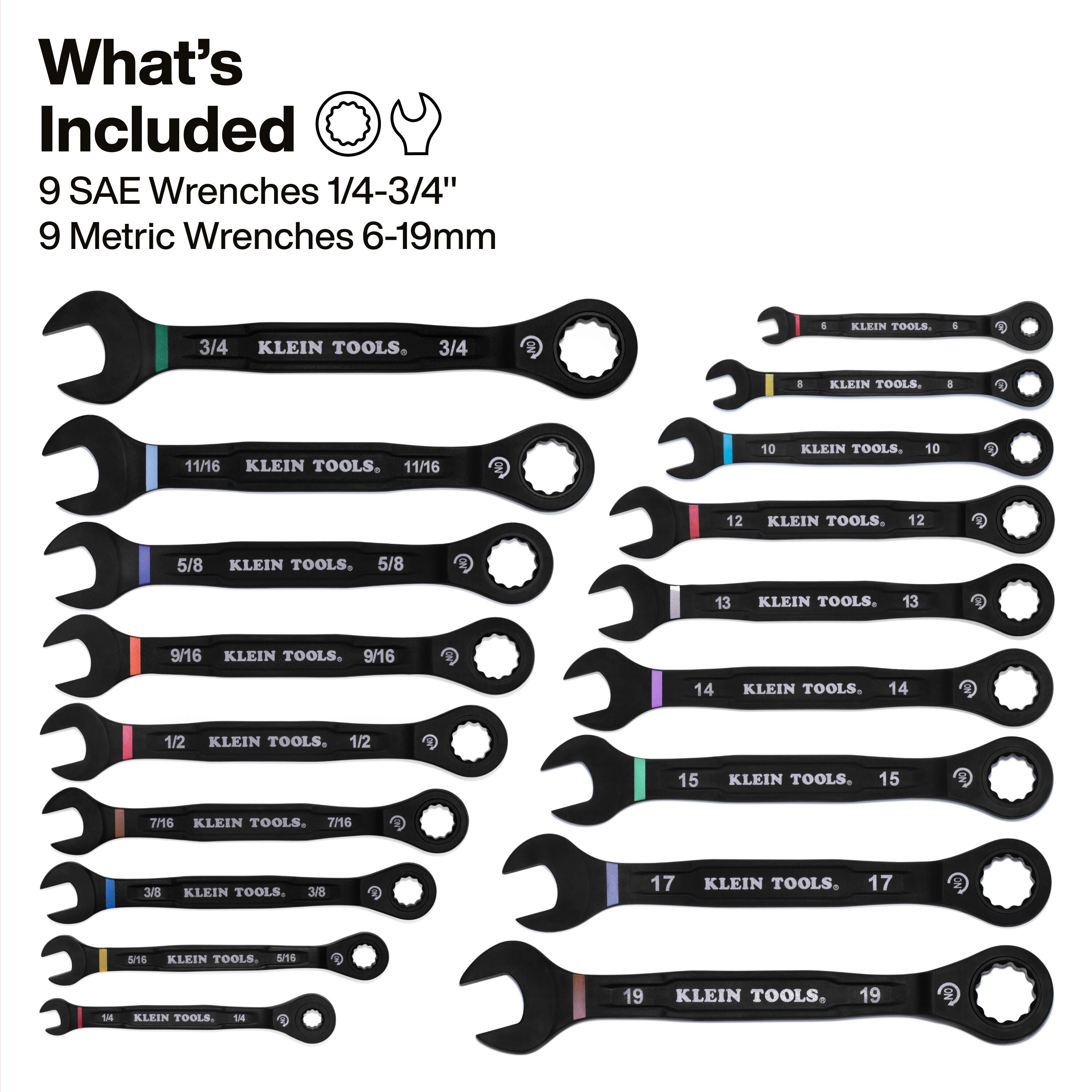 Klein 69418CG Ratcheting Combination Wrench Set, SAE / Metric, 18-Piece - Ace Tool Group - Klein