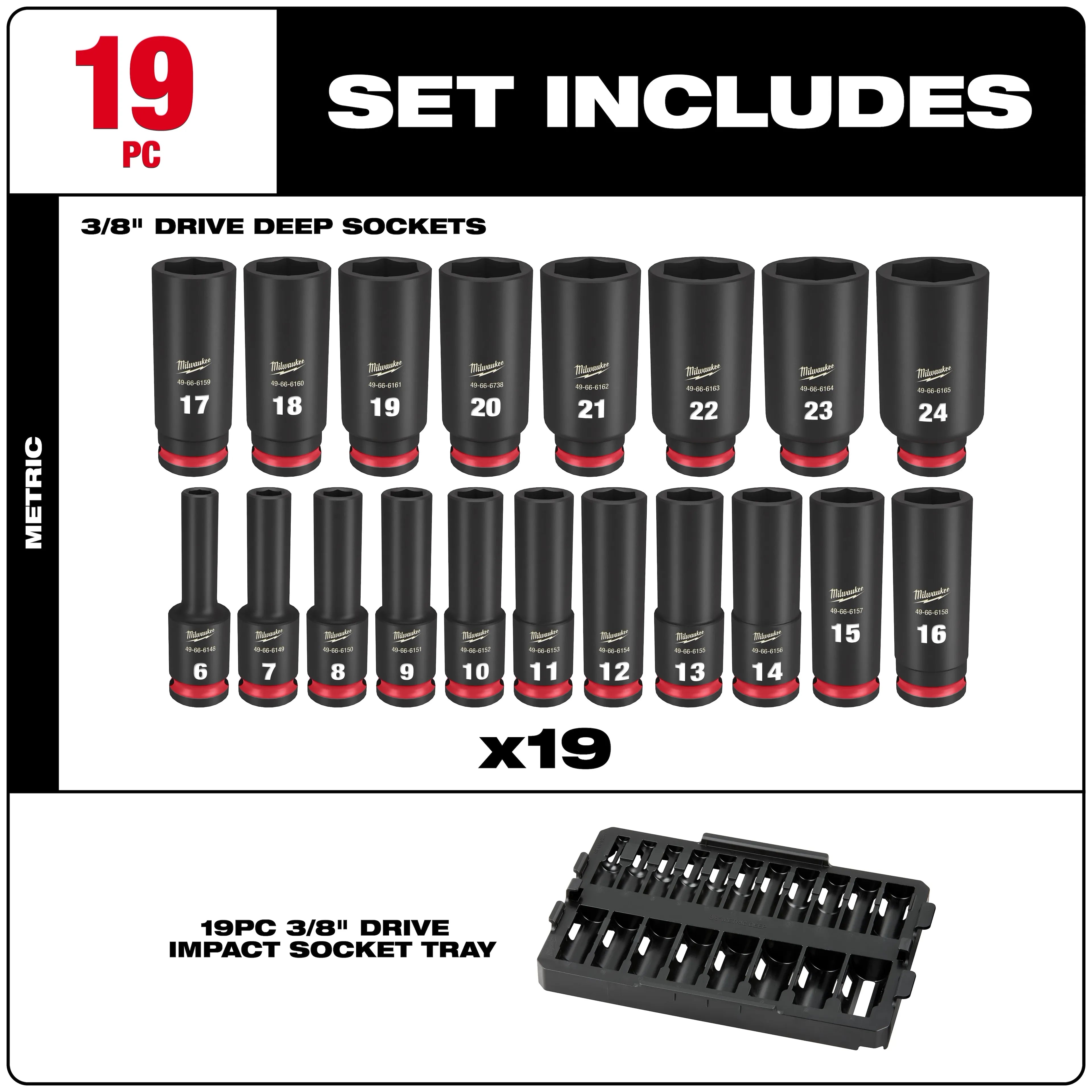 Milwaukee 49-66-6816 SHOCKWAVE Impact Duty Socket 3/8" Dr 19PC MM TRAY Set - Ace Tool Group - Milwaukee