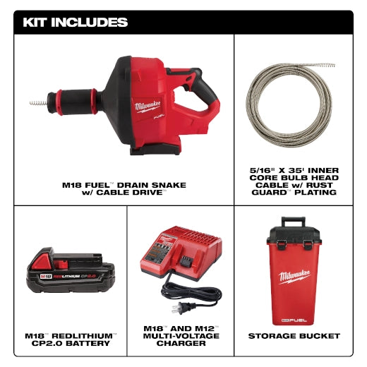 Milwaukee 2772A-21 M18 FUEL DRAIN SNAKE W/ CABLE-DRIVE KIT-A - Ace Tool Group - Milwaukee