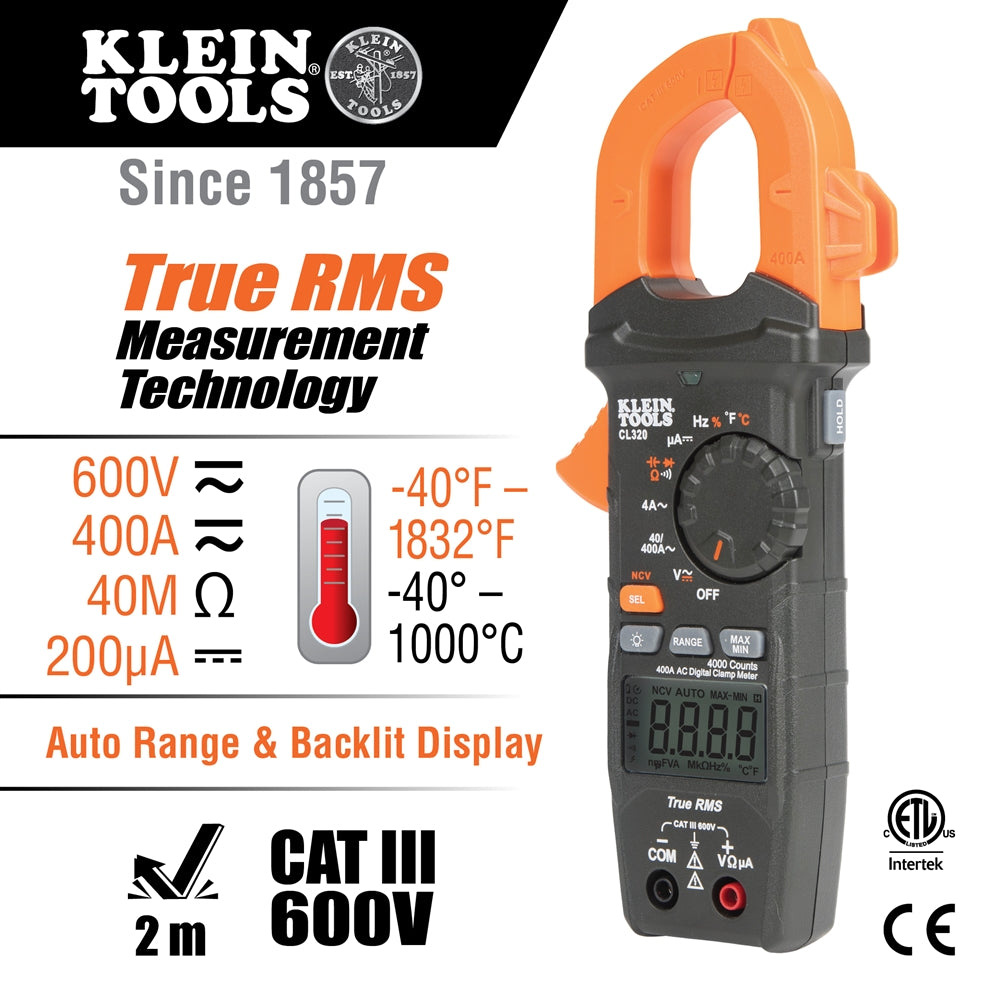 Klein CL320 HVAC Digital Clamp Meter, AC 400 Amp - Ace Tool Group - Klein