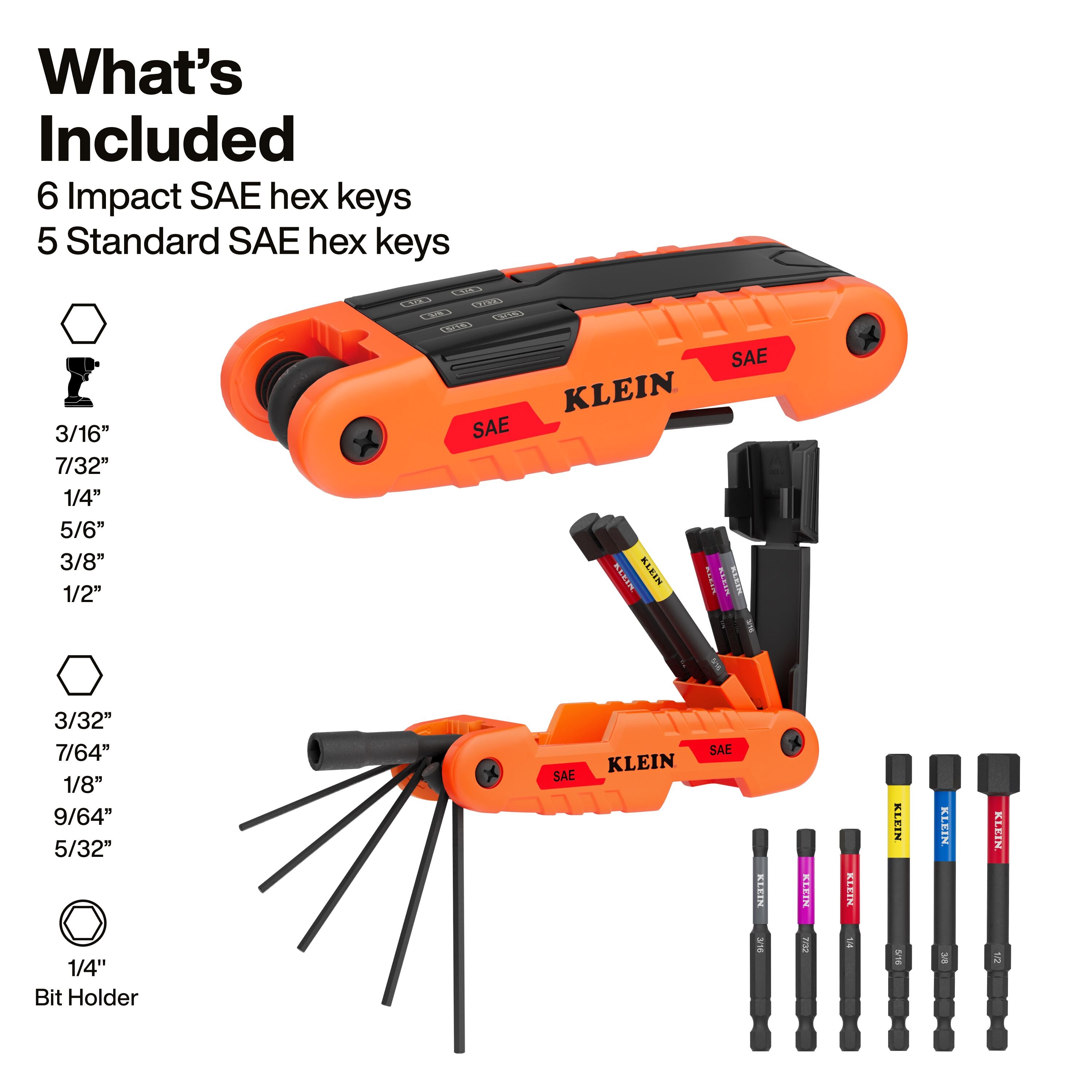 Klein 70550HD Extended Reach Impact Folding Hex Key Set, SAE - Ace Tool Group - Klein