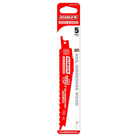 Diablo Tools 6" 6/12Tpi Bi-Metal Reciprocating Saw Blades For Nail-Embedded Wood (5-Pack) - Ace Tool Group - Diablo