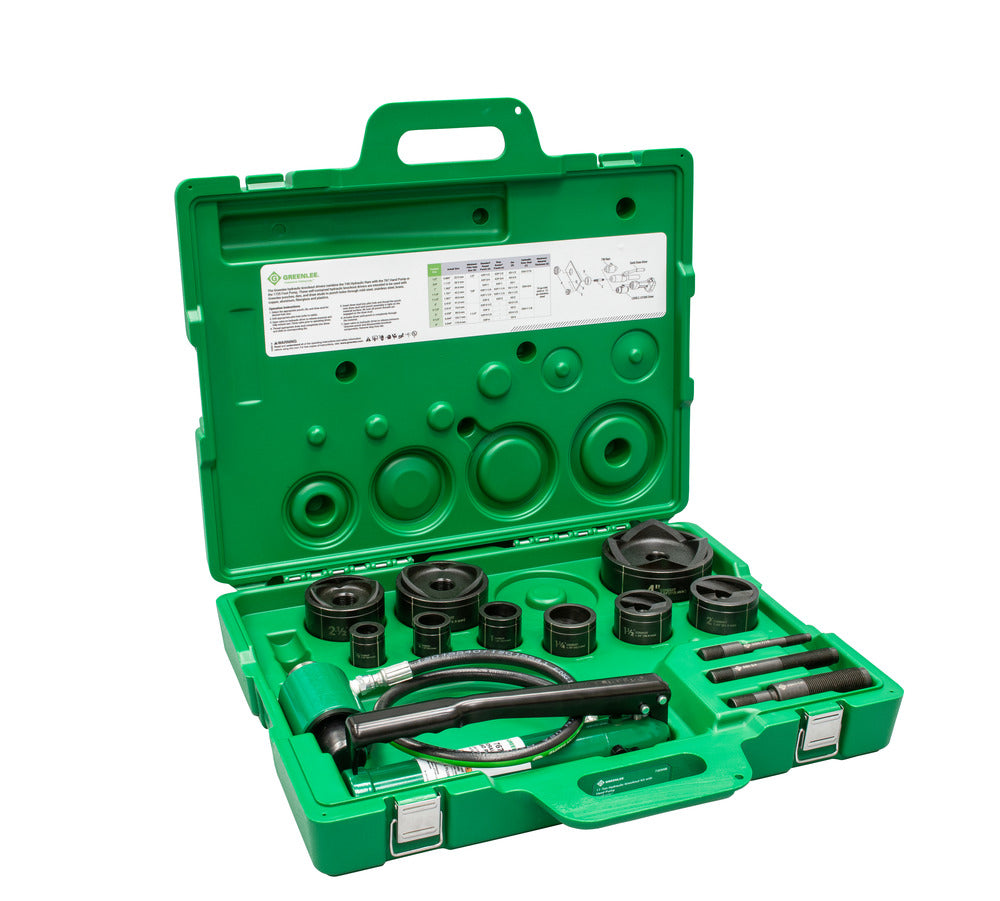 Greenlee 7309SB 11-Ton Hydraulic Knockout Kit with Hand Pump and Slug-Buster® 1/2" - 3" and 4" - Ace Tool Group - Greenlee
