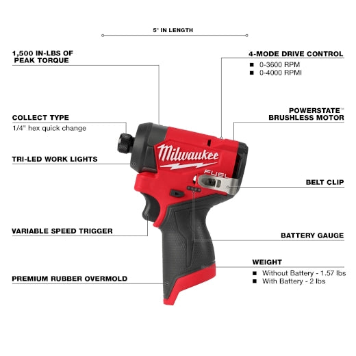Milwaukee 3453-20 M12 FUEL 1/4 in. Hex Impact Driver - Ace Tool Group - Milwaukee