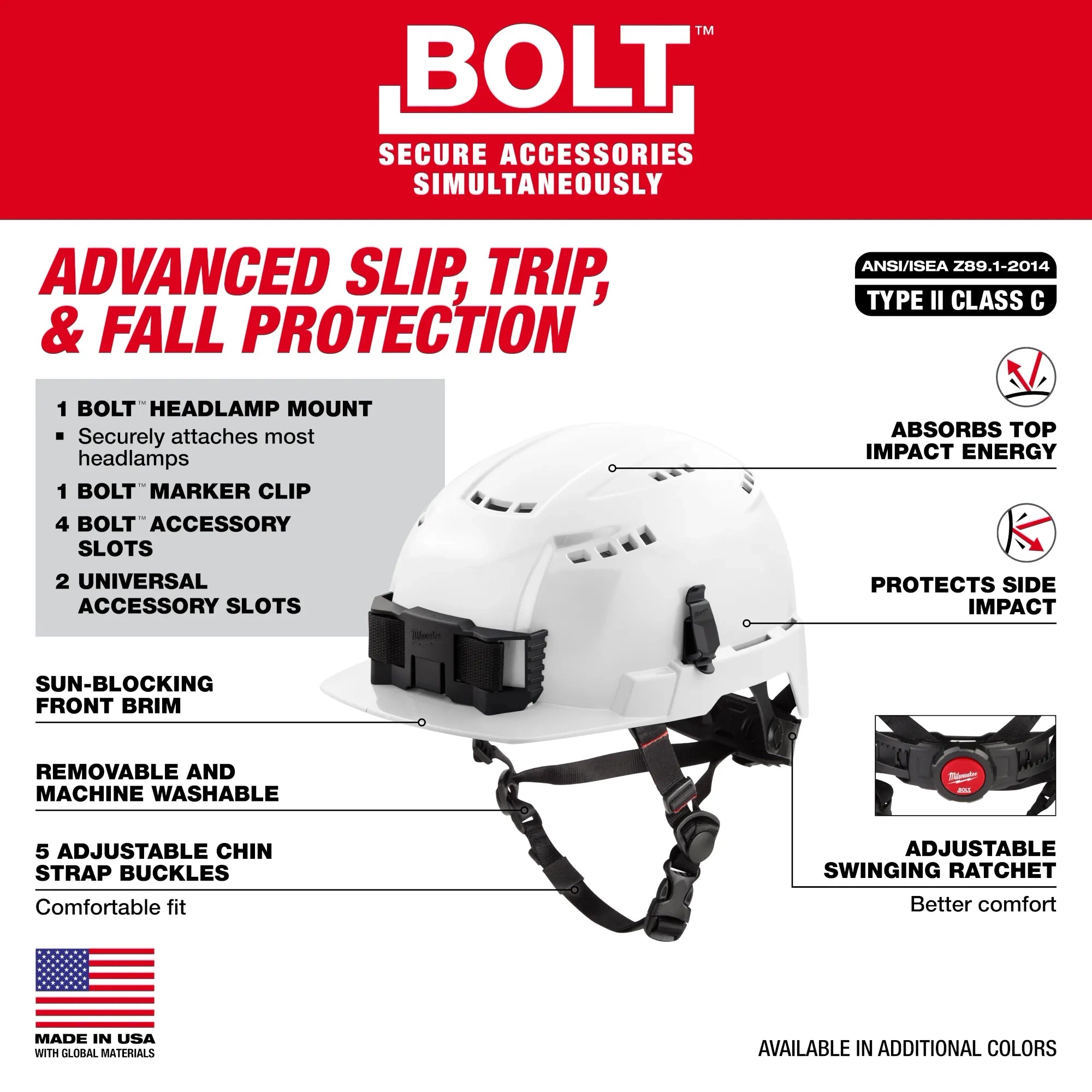 Milwaukee 48-73-1364 BOLT White Front Brim Vented Safety Helmet with IMPACT ARMOR Liner (USA) - Type 2, Class C - Ace Tool Group - Milwaukee