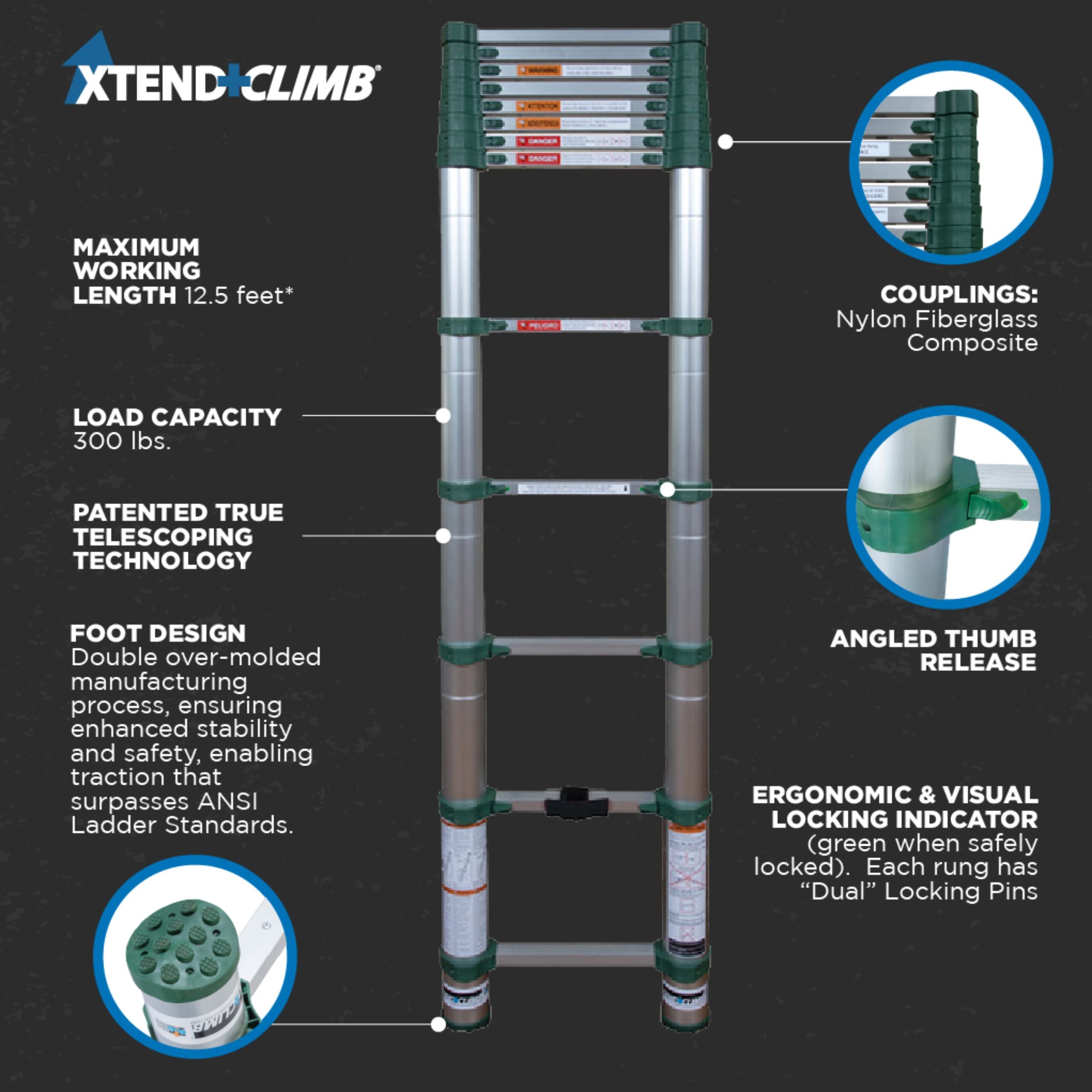 Xtend & Climb 780P+ 12.5 ft. Telescoping Aluminum Extension Ladder, ANSI Type IA 300 lbs. Duty Rating - Ace Tool Group - Core Distribution