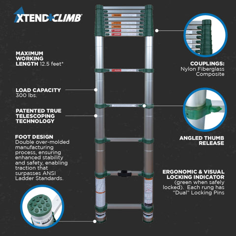 Xtend & Climb 780P+ 12.5 ft. Telescoping Aluminum Extension Ladder, ANSI Type IA 300 lbs. Duty Rating - Ace Tool Group - Core Distribution
