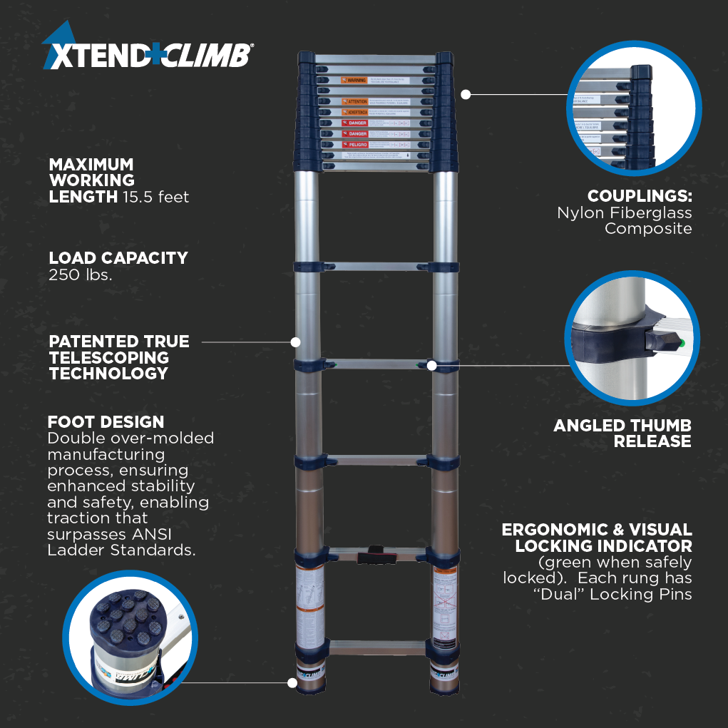 Xtend & Climb 785P+ 15.5 ft. Telescoping Aluminum Extension Ladder, ANSI Type I 250 lbs. Duty Rating - Ace Tool Group - Core Distribution