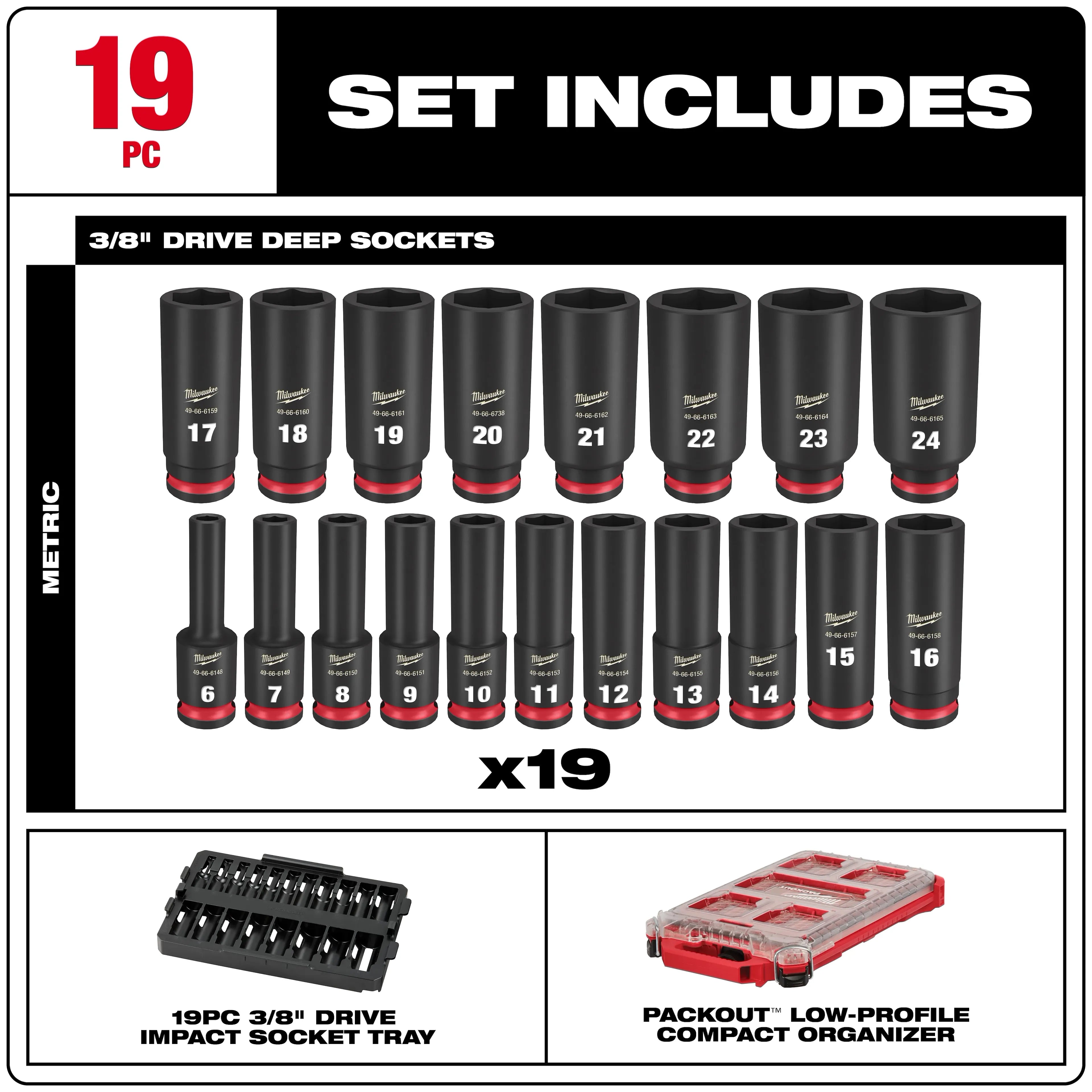 Milwaukee 49-66-6801 SHOCKWAVE Impact Duty Socket 3/8" Dr 19PC MM PACKOUT  Set - Ace Tool Group - Milwaukee