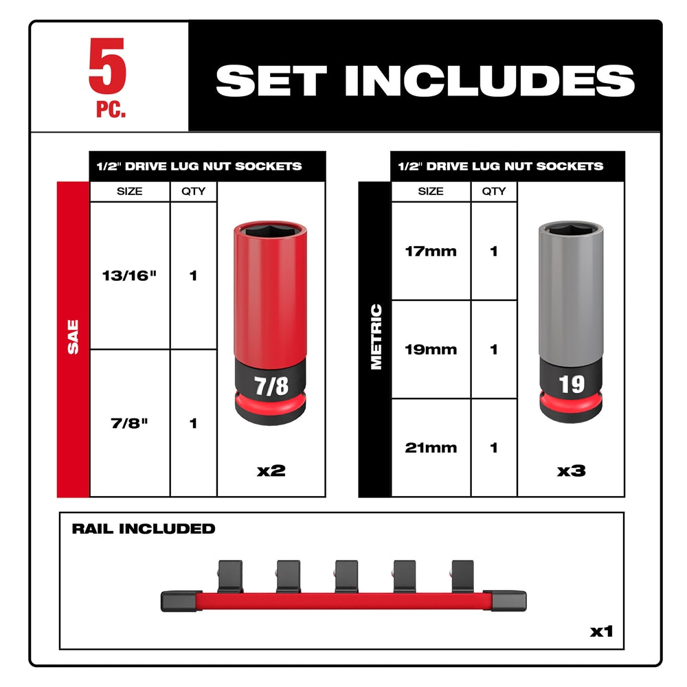 Milwaukee 49-66-7831 SHOCKWAVE Impact Duty 1/2 Drive SAE & Metric 5PC Lug Nut Wheel Socket Set - Ace Tool Group - Milwaukee