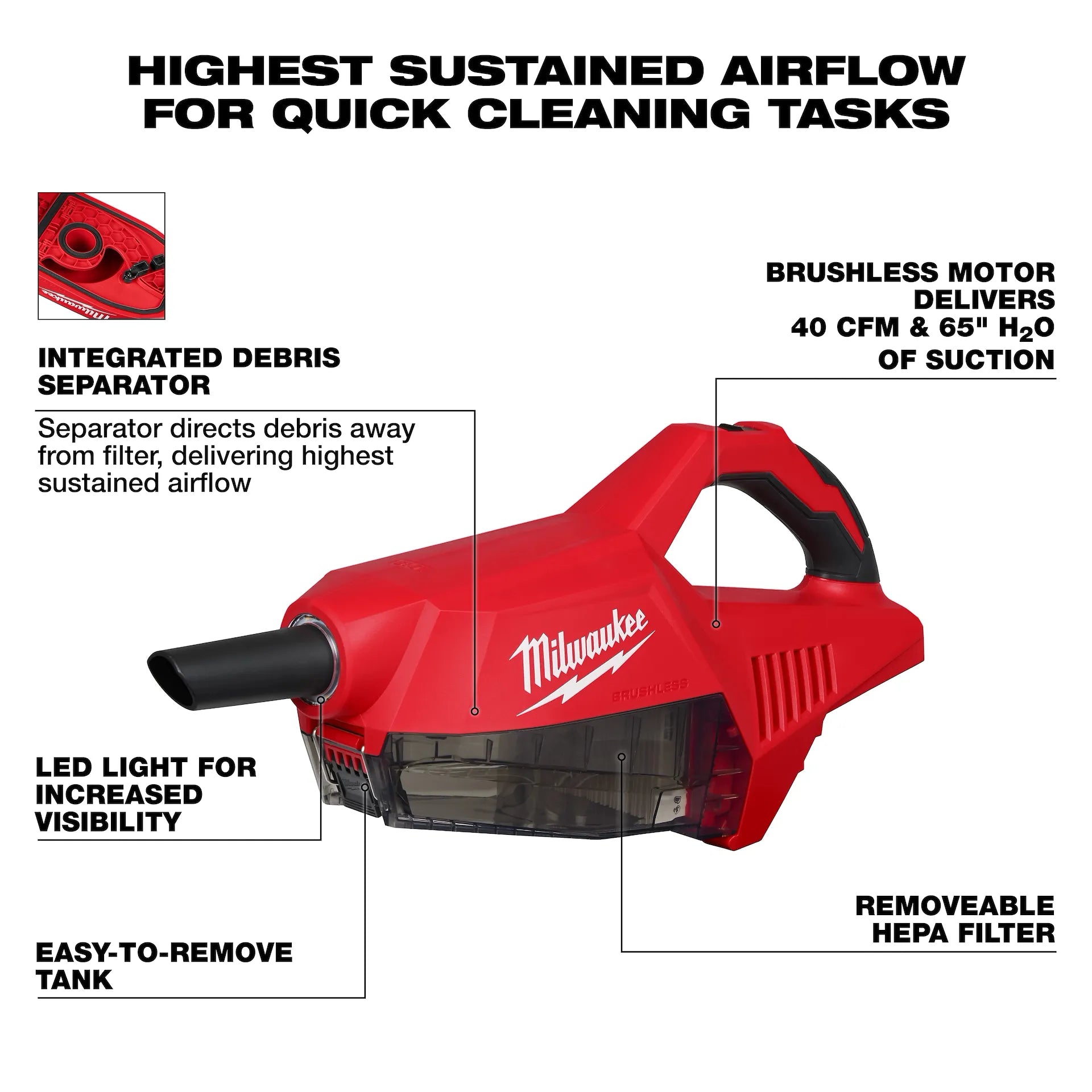 Milwaukee 0892-20 M18 18-Volt Lithium-Ion Brushless Bagless Cordless HEPA Handheld Vacuum