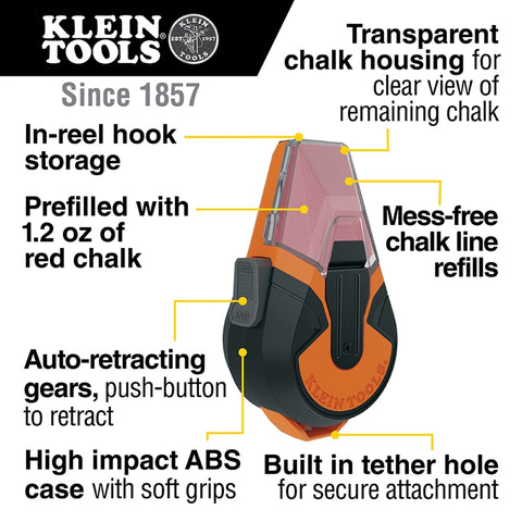 Klein CHLK50R 50 ft. Auto-Retracting Chalk Line, Red - Ace Tool Group - Klein
