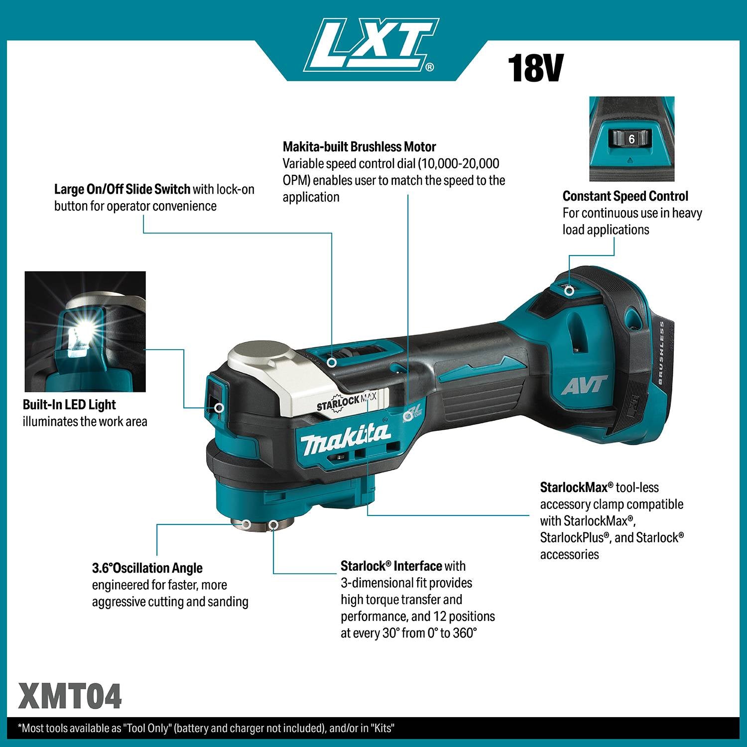 Makita XMT04Z 18V LXT Brushless Cordless StarlockMax Oscillating Multi-Tool, Tool Only