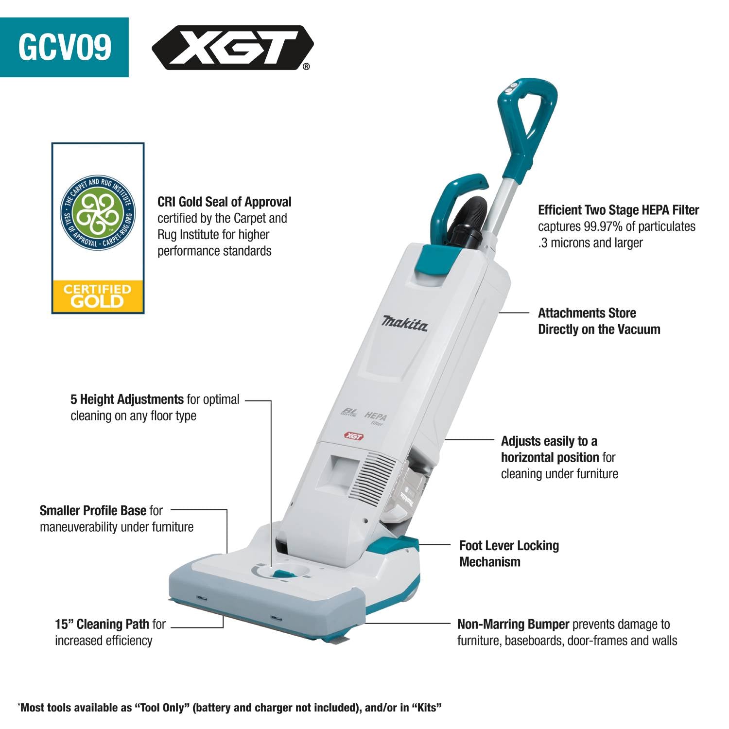 Makita GCV09Z 40V max XGT Brushless Cordless 1.3 Gallon HEPA Filter 15" Upright Vacuum, Tool Only - Ace Tool Group - Makita