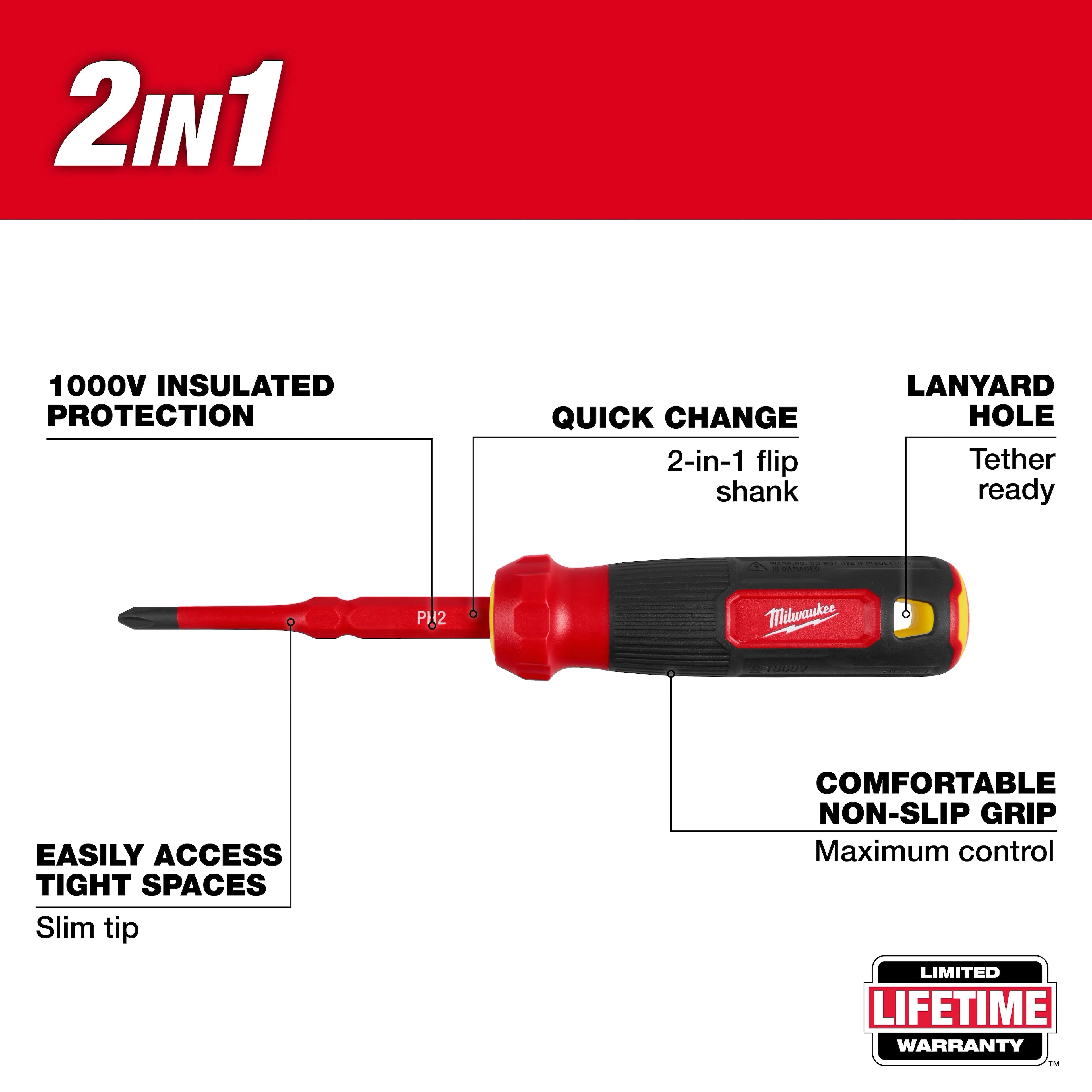 Milwaukee 48-22-2201 2-in-1 1000V Insulated Flip Shank Multi-Bit Screwdriver - Ace Tool Group - Milwaukee