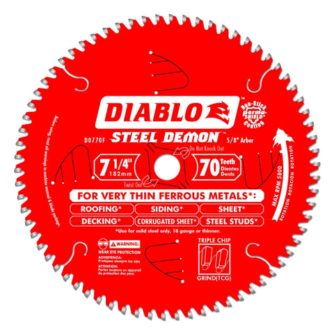 Diablo Tools 7-1/4" X 70-Teeth Steel Demon Carbide Saw Blade For Thin Metal - Ace Tool Group - Diablo