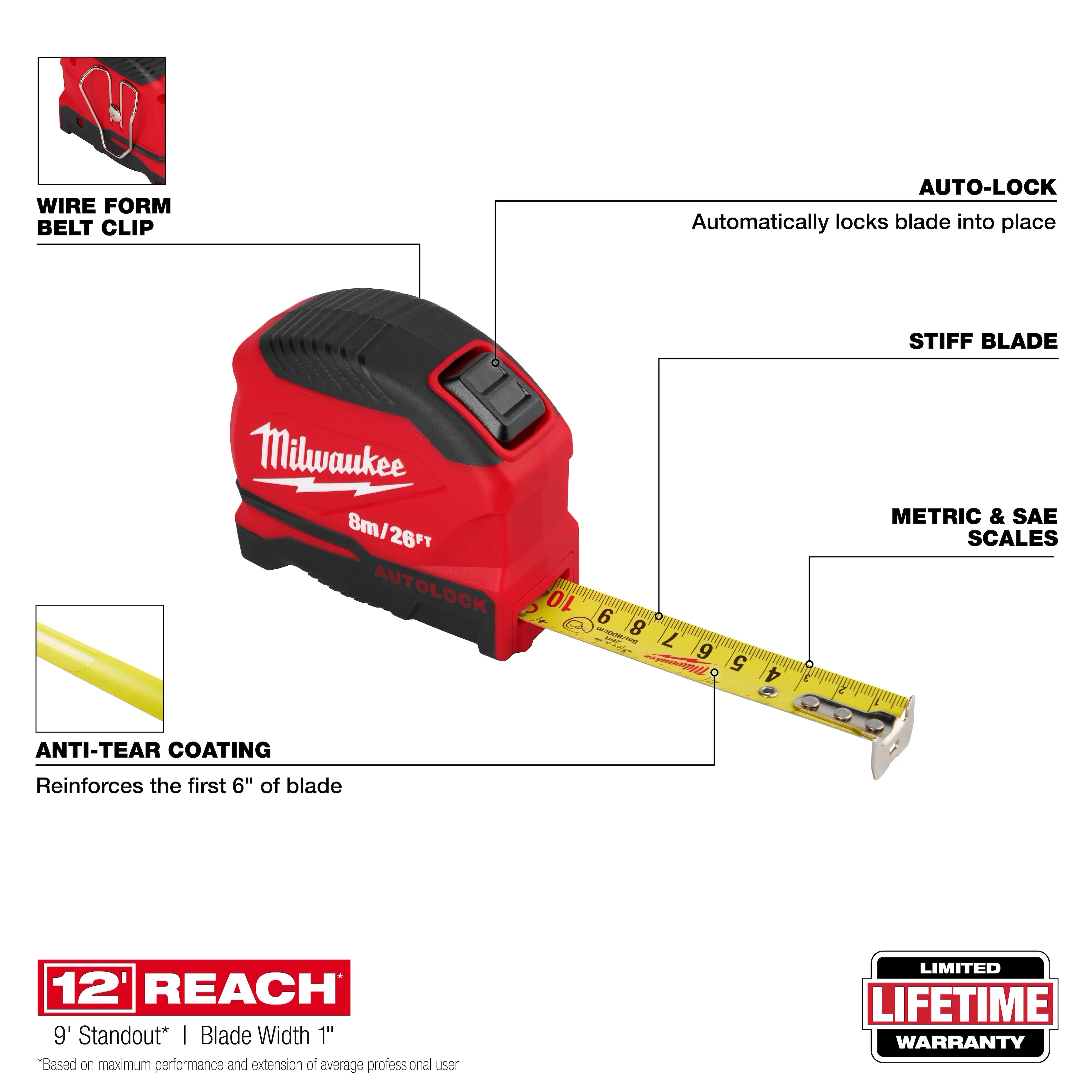 Milwaukee 48-22-1826 8m/26ft Auto-Lock Tape Measure 6 Pack - Ace Tool Group - Milwaukee