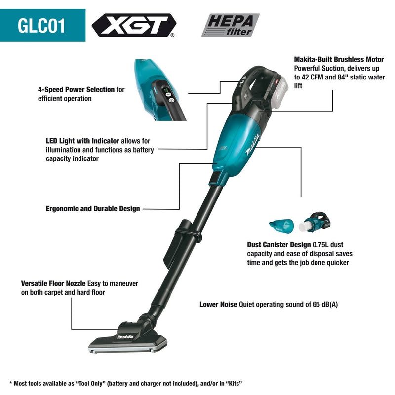 Makita GLC01SD1 40V max XGT Brushless Cordless 4-Speed HEPA Filter Compact Stick Vacuum Kit (2.5Ah)