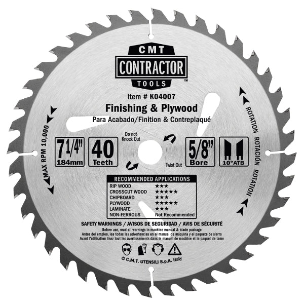 CMT K04007 ITK Contractor Finishing Saw Blade, 7-4 x 40 Teeth, 10¼ ATB with 5/8-Inch bore - Ace Tool Group - CMT