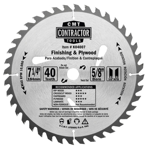 CMT K04007 ITK Contractor Finishing Saw Blade, 7-4 x 40 Teeth, 10¼ ATB with 5/8-Inch bore - Ace Tool Group - CMT