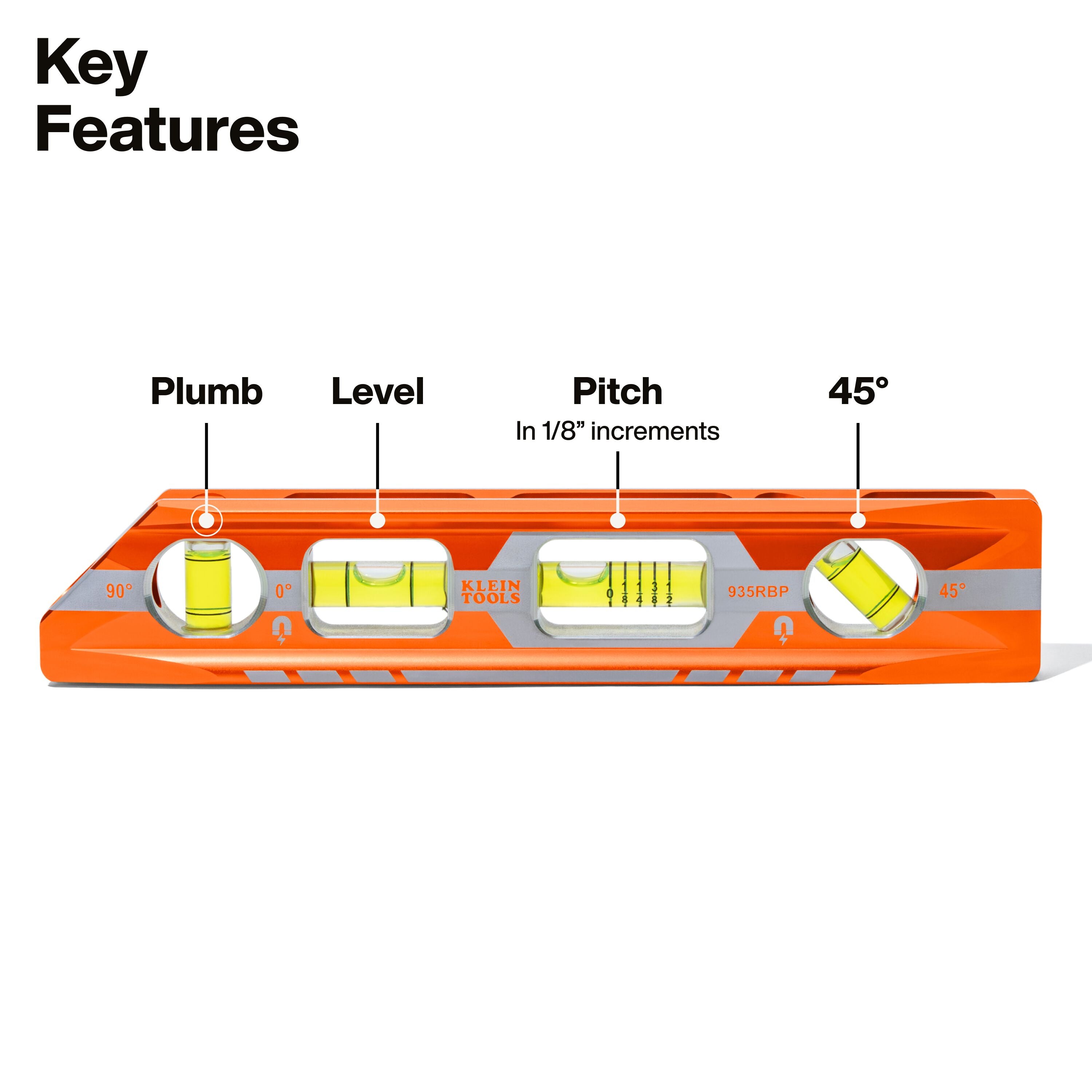 Klein KLE-935RBP Magnetic Pitch Vial Torpedo Level, 4 Vial, 8-Inch - Ace Tool Group - Klein Tools
