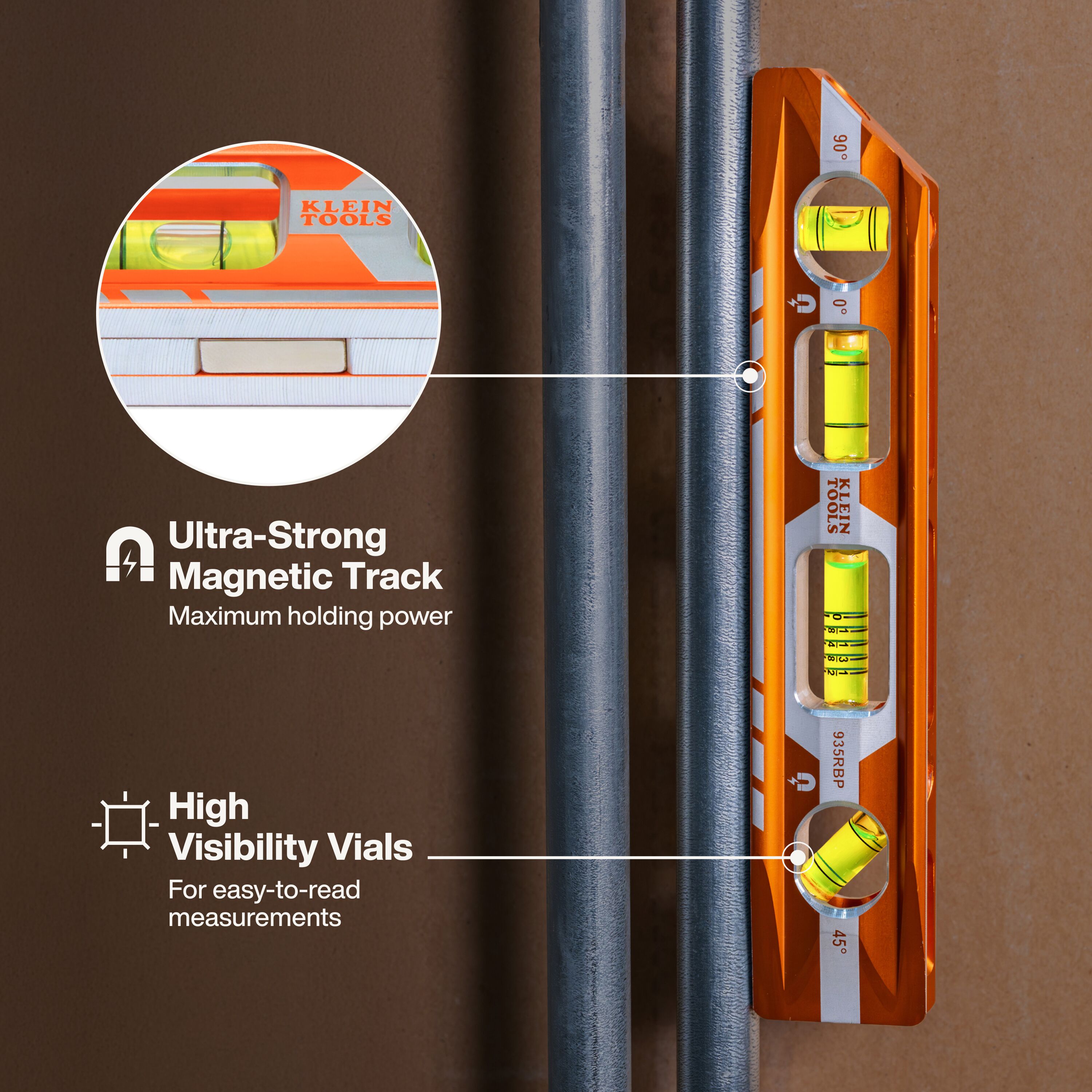 Klein KLE-935RBP Magnetic Pitch Vial Torpedo Level, 4 Vial, 8-Inch - Ace Tool Group - Klein Tools