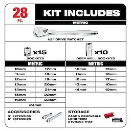 Milwaukee 48-22-9510 28 pc 1/2" Socket Wrench Set - Metric - Ace Tool Group - Milwaukee
