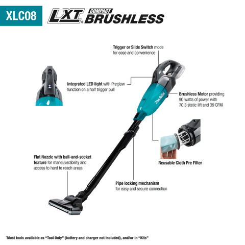 Makita 18V LXT Lithium-ion Compact Brushless Cordless Vacuum, Trigger w/ Lock, (Tool Only) - Ace Tool Group - Makita