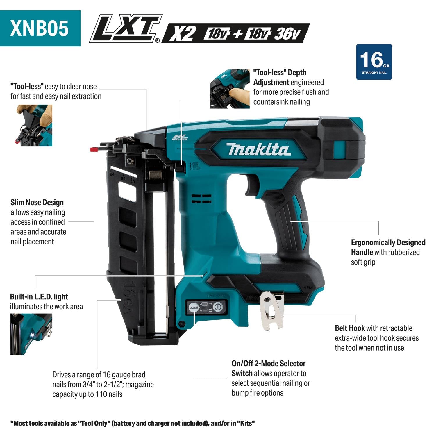 Makita XNB05Z 18V LXT 2-1/2 Straight Finish Nailer - Ace Tool Group - Makita