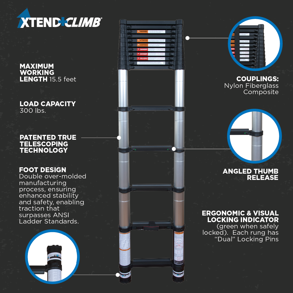 Xtend & Climb CS155+/300 15.5 ft. Telescoping Aluminum Extension Ladder, ANSI Type IA 300 lbs. Duty Rating - Ace Tool Group - Core Distribution