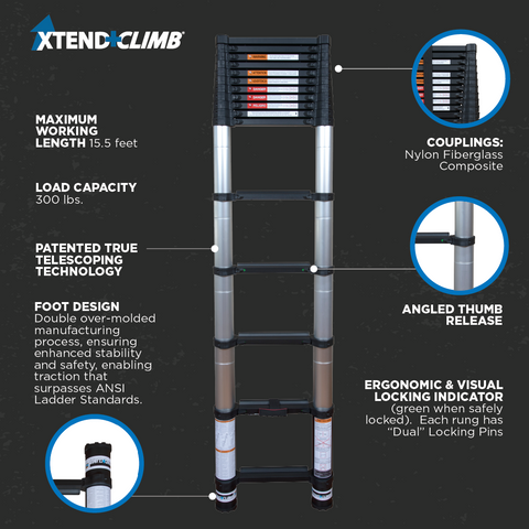 Xtend & Climb CS155+/300 15.5 ft. Telescoping Aluminum Extension Ladder, ANSI Type IA 300 lbs. Duty Rating - Ace Tool Group - Core Distribution