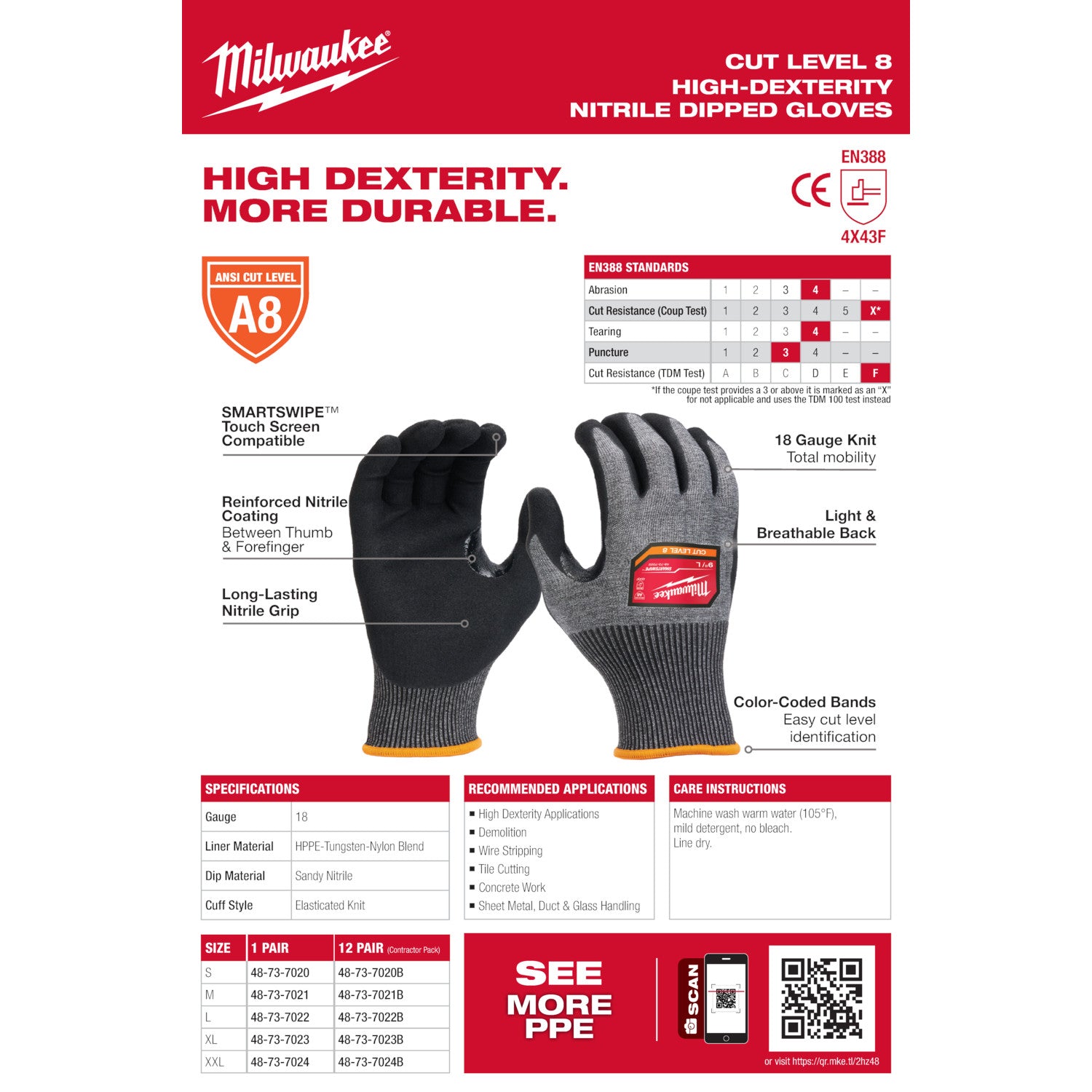 Milwaukee 48-73-7020B 12 Pair Cut Level 8 High-Dexterity Nitrile Dipped Gloves - Ace Tool Group - Milwaukee