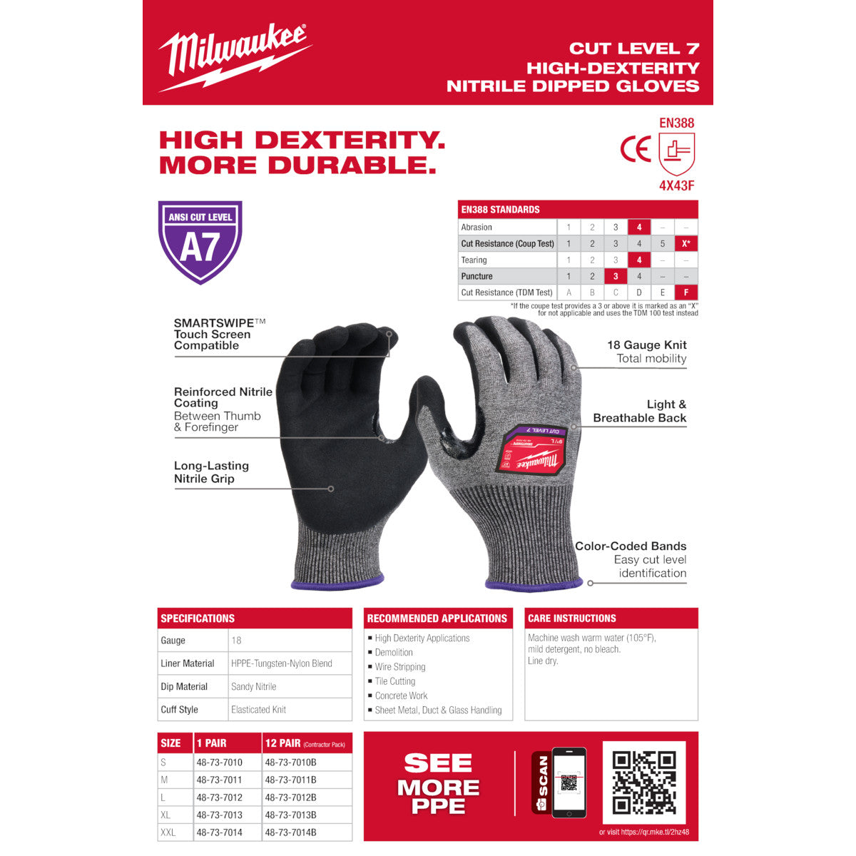 Milwaukee 48-73-7010B 12 Pair Cut Level 7 High-Dexterity Nitrile Dipped Gloves - Ace Tool Group - Milwaukee